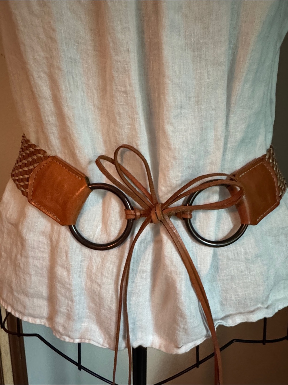 Express Tan Braided Leather Tie Belt with Dark Metal Rings